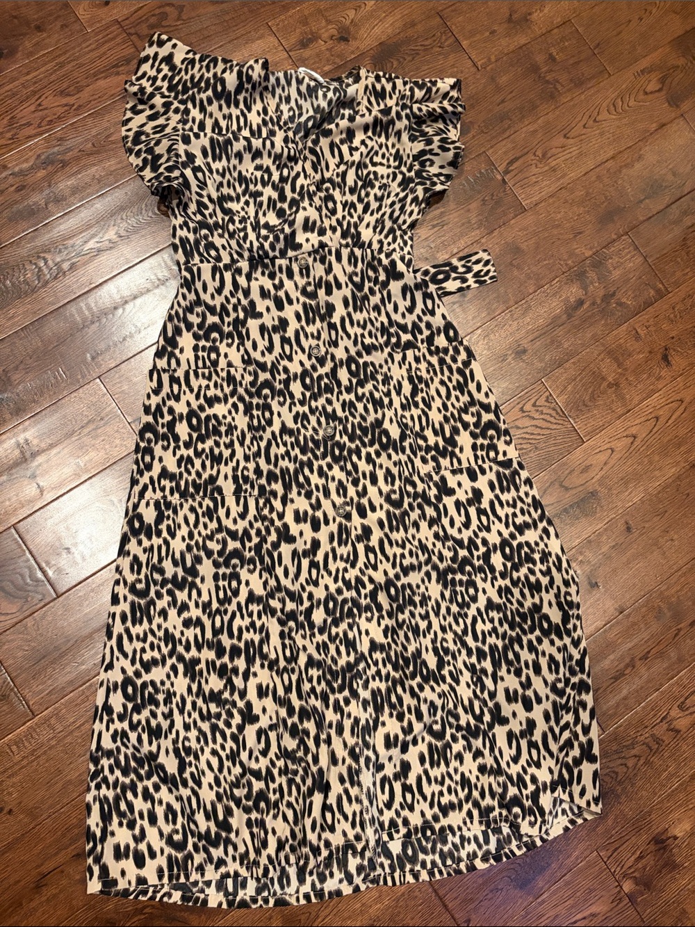 Leopard Print Ruffle Sleeve Women's Dress - Black & light brown